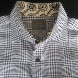 Thomas Dean SZ M French Cuff 100% Cotton Navy/White Plaid Men's Button Up Shirt